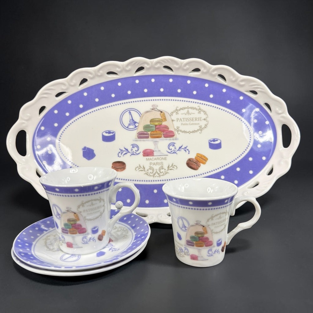 Perotti Porcelain Patisserie Macaron Paris Tea Set Tray Cups Saucers Purple VTG